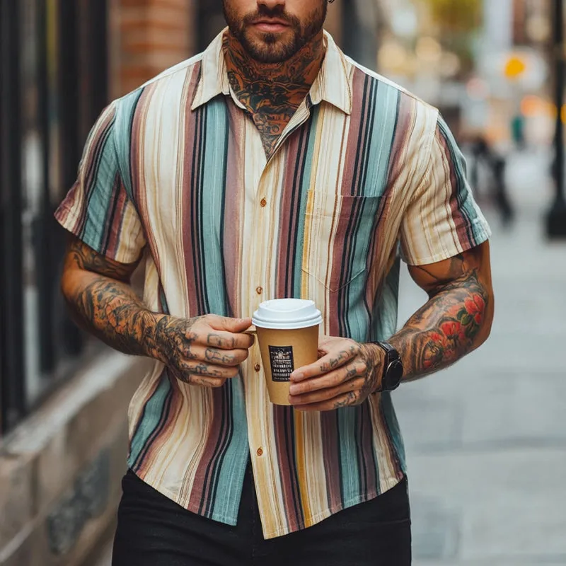 Men's Retro Colorblock Striped Short Sleeve Shirt 66192250U sold by Manly product image thumbnail 2