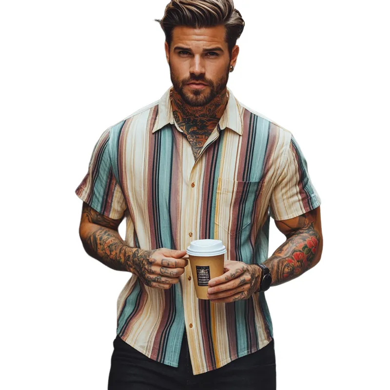 Men's Retro Colorblock Striped Short Sleeve Shirt 66192250U sold by Manly product image thumbnail 3