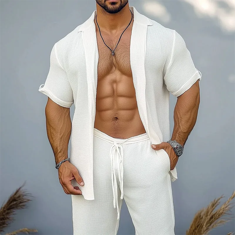 Men's Casual White Textured Short-sleeved Shirt 33372468U sold by Manly product image thumbnail 2