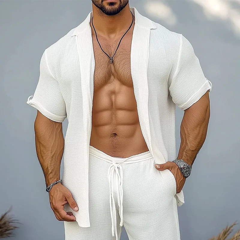 Men's Casual White Textured Short-sleeved Shirt 33372468U sold by Manly product image thumbnail 3