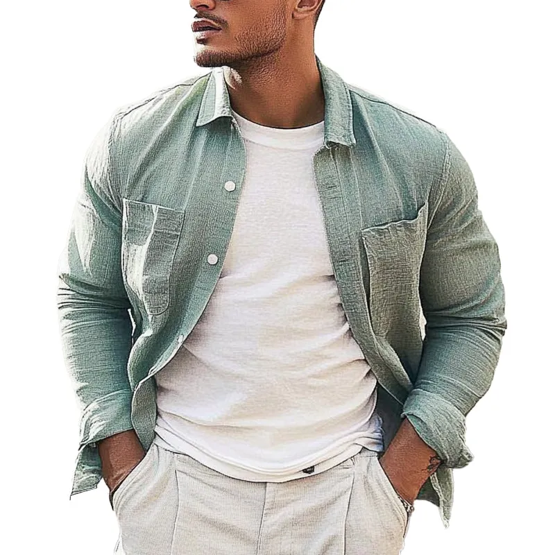 Men's Casual Solid Color Lapel Long Sleeve Shirt 97409446X sold by Manly