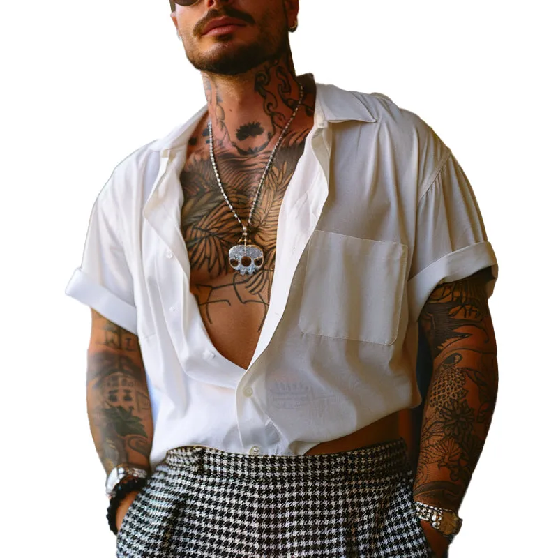 Men's Solid Cotton Lapel Short-sleeved Shirt 45485844X sold by Manly