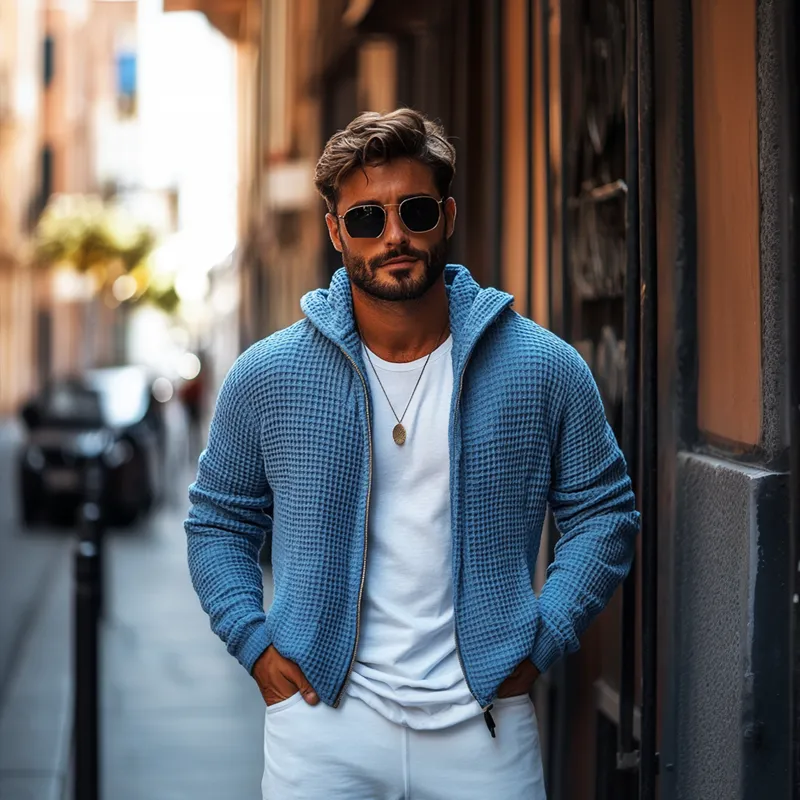 Men's Solid Waffle Hooded Zipper Casual Jacket 52226935Z sold by Manly product image thumbnail 3