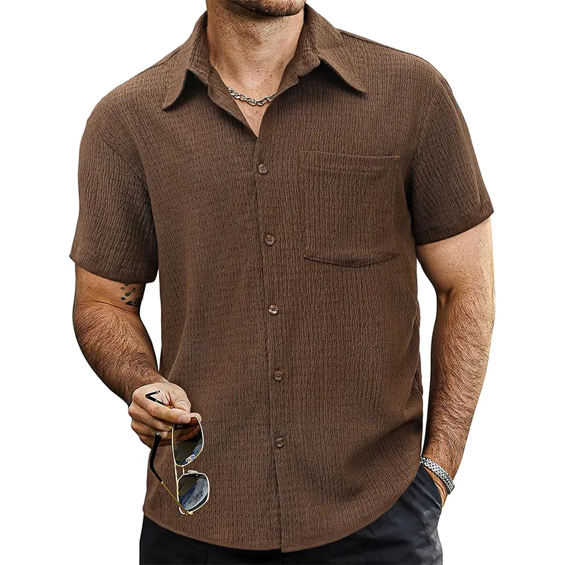 Men's Fashion Solid Textured Lapel Short Sleeve Shirt 39257129Z sold by Manly