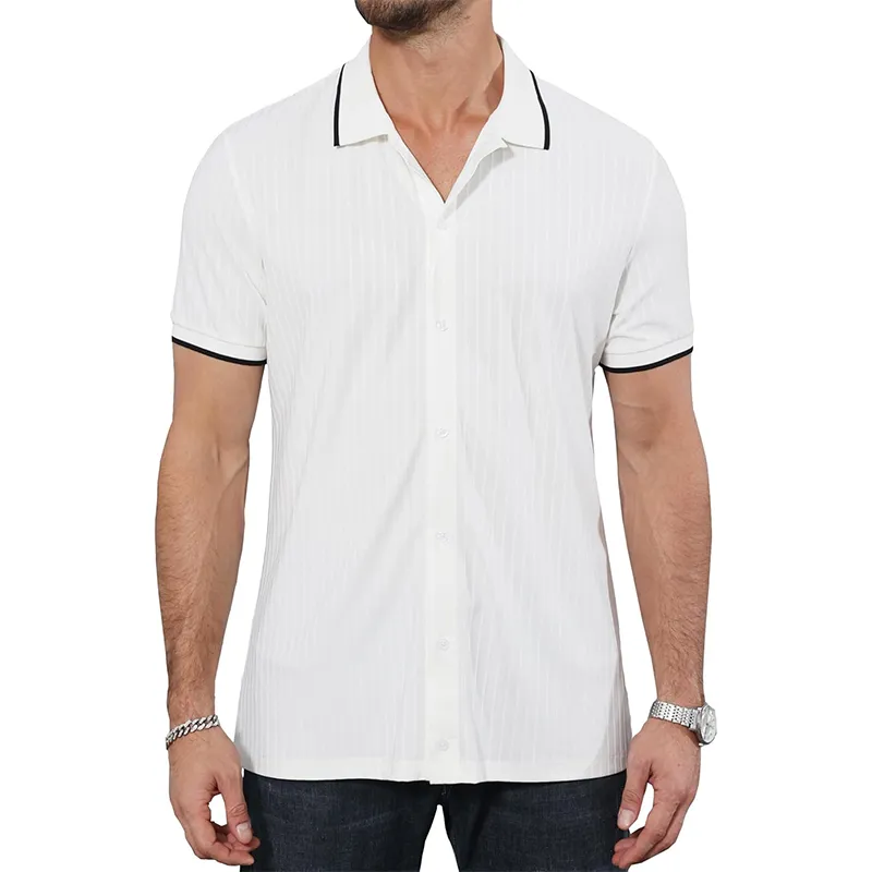 Men's Fashion Colorblock Trim Striped Lapel Short Sleeve Shirt 12734622Z sold by Manly