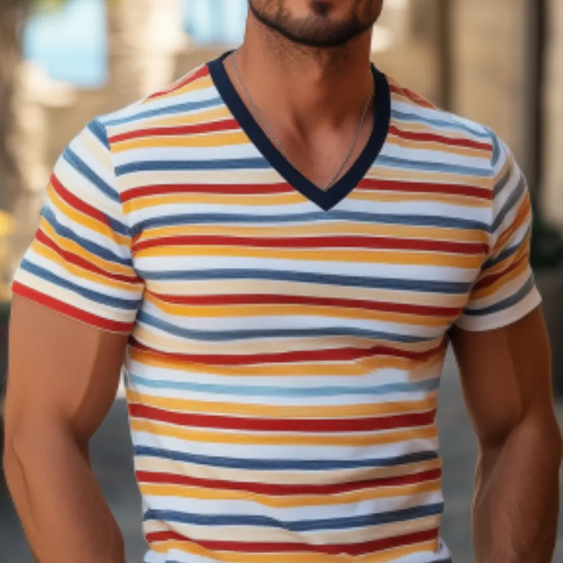 Men's Classic Casual Contrast Striped Patchwork Cotton Slim Fit T-shirt 55153504K sold by Manly product image thumbnail 4