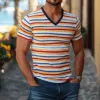 Men's Classic Casual Contrast Striped Patchwork Cotton Slim Fit T-shirt 55153504K sold by Manly