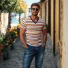 Men's Classic Casual Contrast Striped Patchwork Cotton Slim Fit T-shirt 55153504K sold by Manly