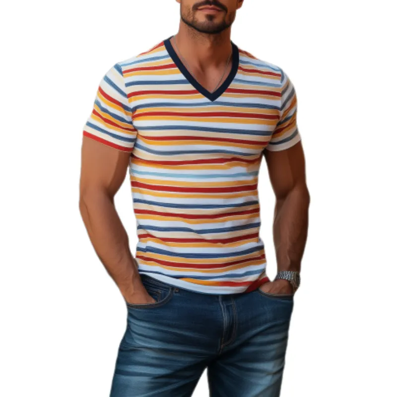 Men's Classic Casual Contrast Striped Patchwork Cotton Slim Fit T-shirt 55153504K sold by Manly