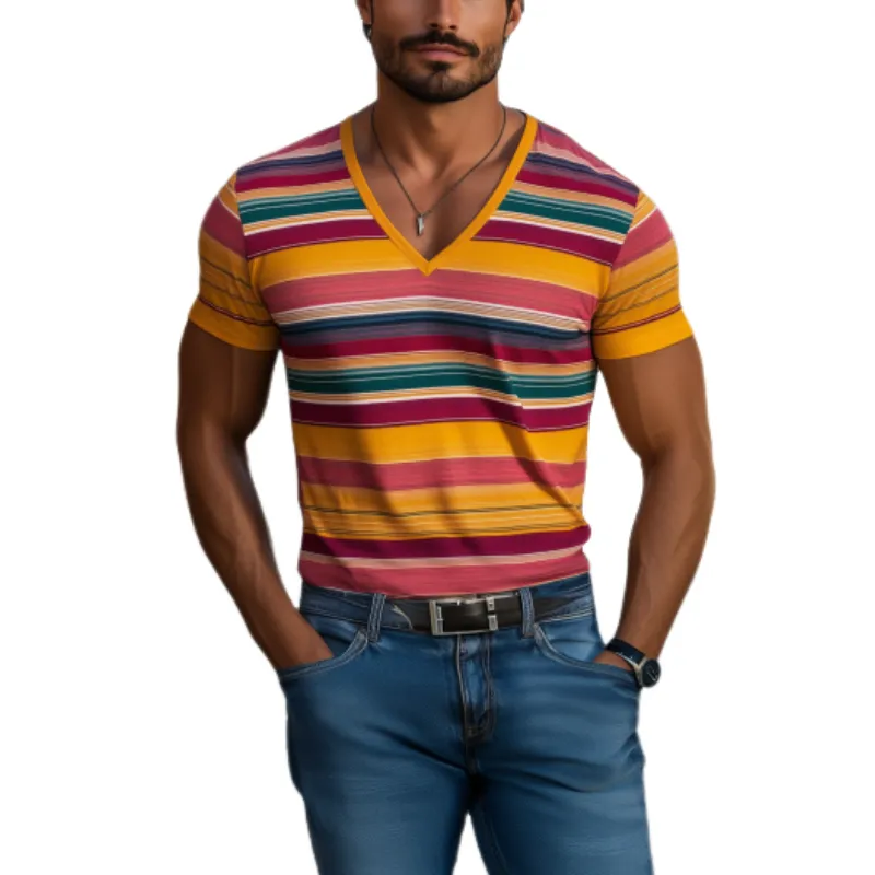 Men's Casual V-neck Contrast Striped Cotton Slim Fit Short-sleeved T-shirt 90879471K sold by Manly