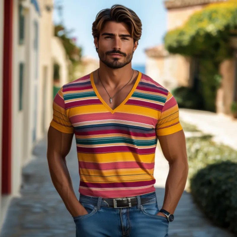 Men's Casual V-neck Contrast Striped Cotton Slim Fit Short-sleeved T-shirt 90879471K sold by Manly product image thumbnail 3