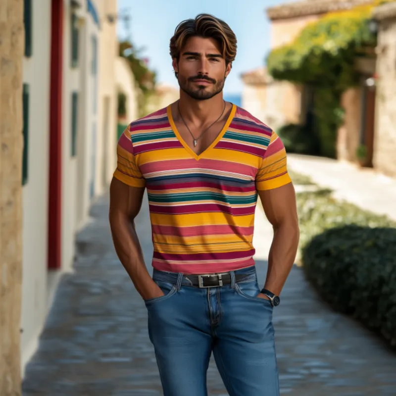 Men's Casual V-neck Contrast Striped Cotton Slim Fit Short-sleeved T-shirt 90879471K sold by Manly product image thumbnail 2