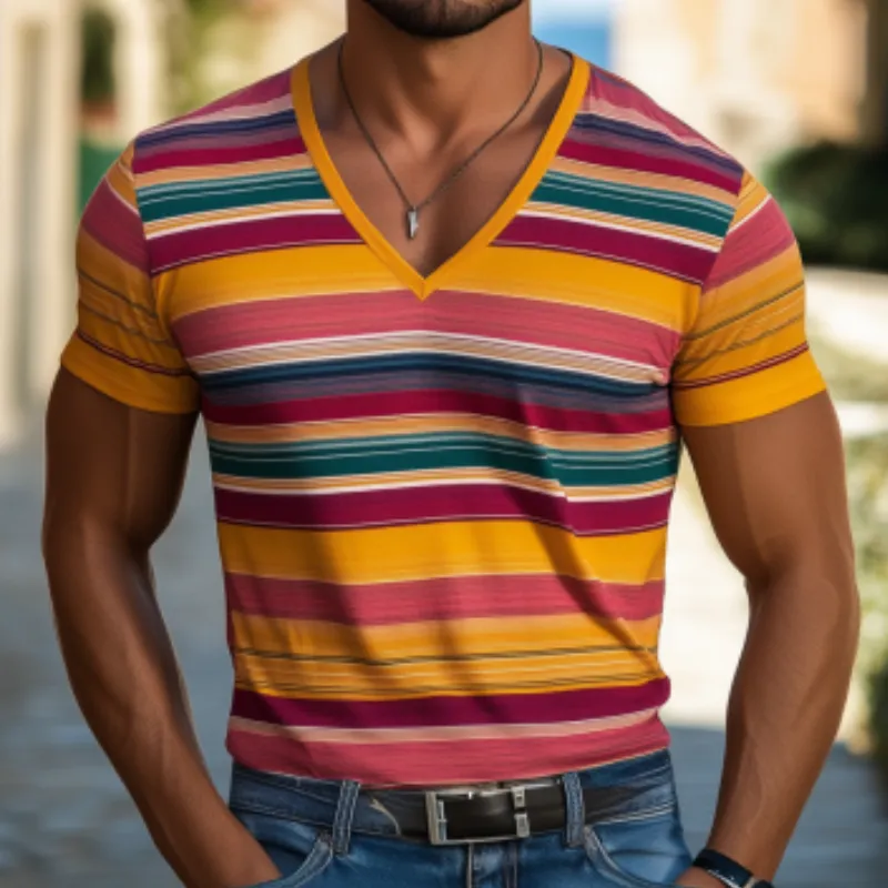 Men's Casual V-neck Contrast Striped Cotton Slim Fit Short-sleeved T-shirt 90879471K sold by Manly product image thumbnail 4