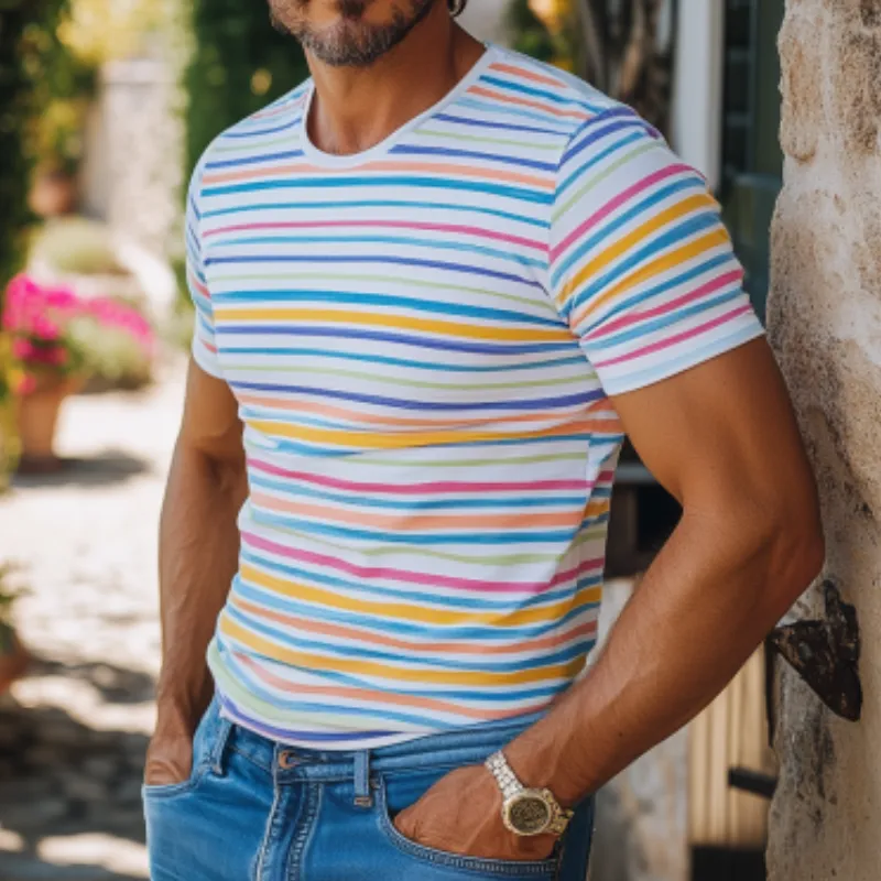 Men's Casual Round Neck Contrast Striped Slim Fit Cotton Short sleeve T-shirt 46015919K sold by Manly product image thumbnail 4