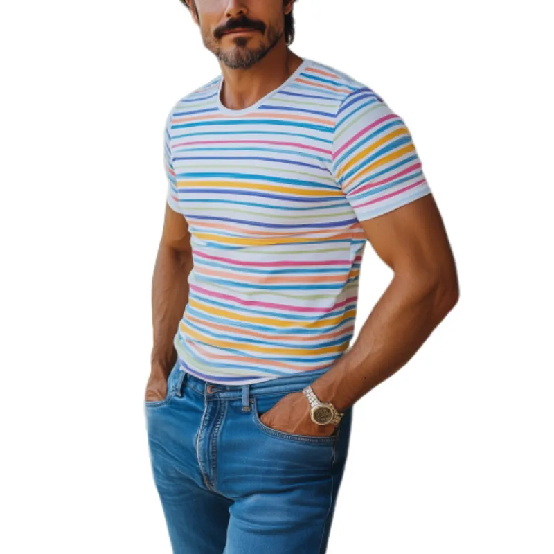 Men's Casual Round Neck Contrast Striped Slim Fit Cotton Short sleeve T-shirt 46015919K sold by Manly