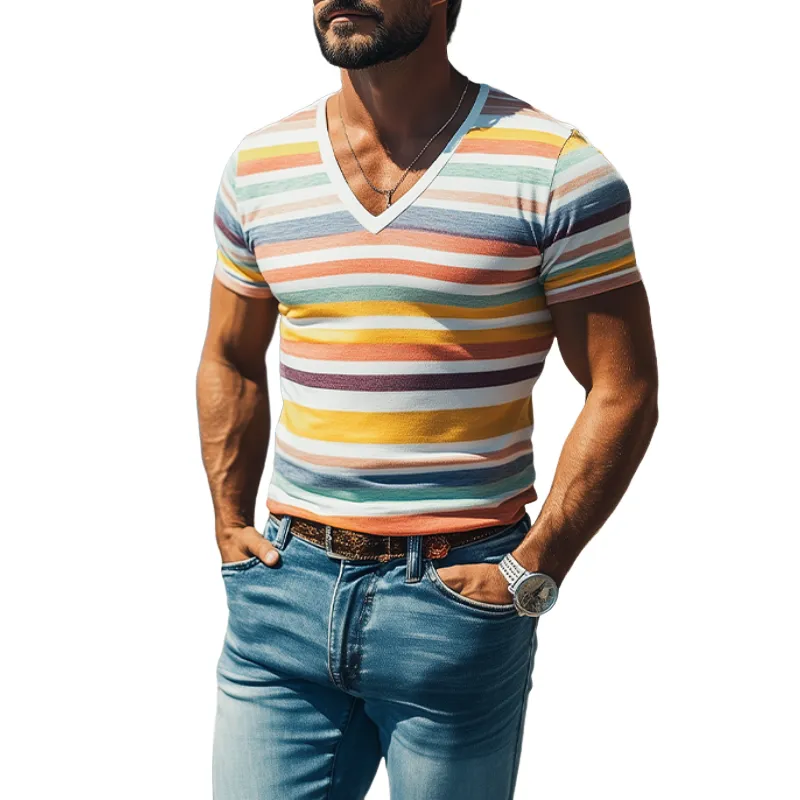 Men's Casual V-neck Cotton Contrast Striped Slim Fit Short-sleeved T-shirt 81496433K sold by Manly