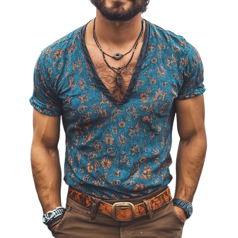 Men's Retro Casual Floral Print V-Neck Short Sleeve T-Shirt 90789168TO sold by Manly