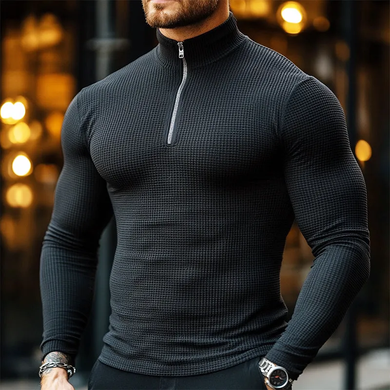 Men's Retro Casual Solid Color Waffle Zipper Stand Collar Long Sleeve T-Shirt 22448469TO sold by Manly product image thumbnail 2