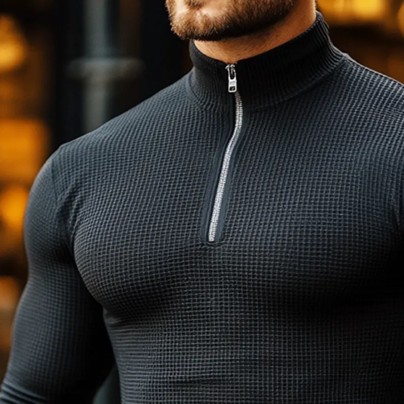 Men's Retro Casual Solid Color Waffle Zipper Stand Collar Long Sleeve T-Shirt 22448469TO sold by Manly product image thumbnail 3