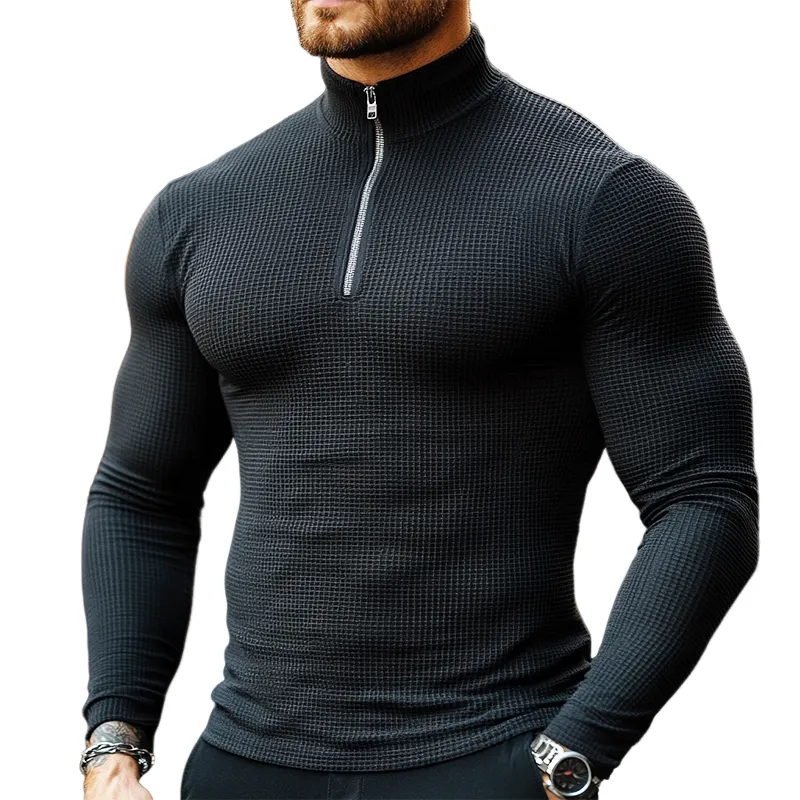Men's Retro Casual Solid Color Waffle Zipper Stand Collar Long Sleeve T-Shirt 22448469TO sold by Manly