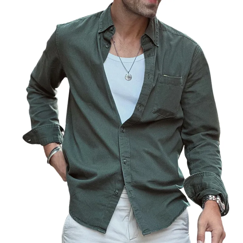 Men's Retro Casual Washed Workwear Lapel Pocket Long Sleeve Shirt 46705882TO sold by Manly