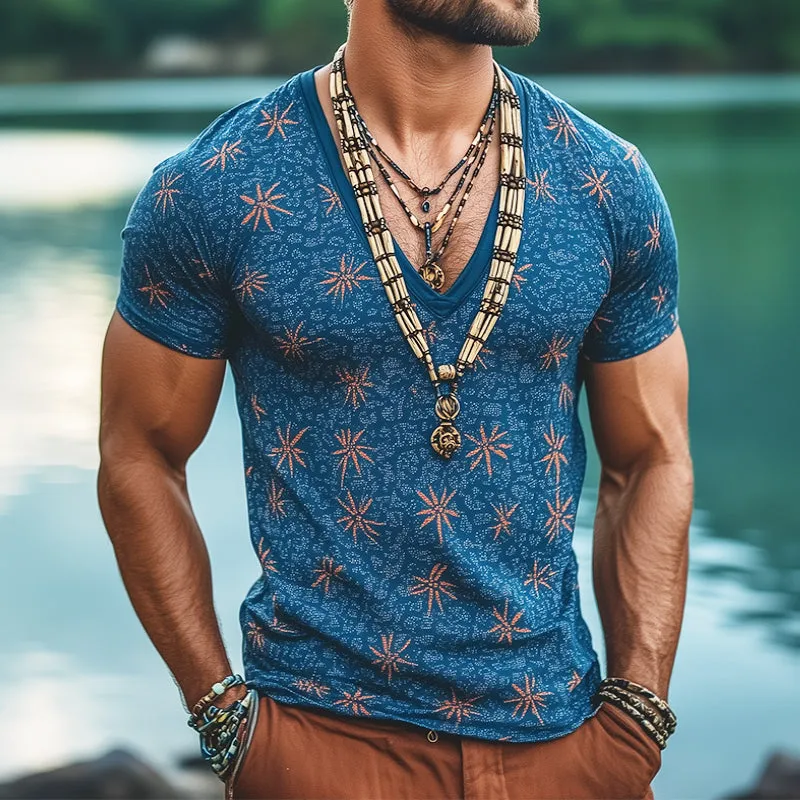 Men's Retro Casual Floral Print V-Neck Short Sleeve T-Shirt 13094079TO sold by Manly product image thumbnail 2