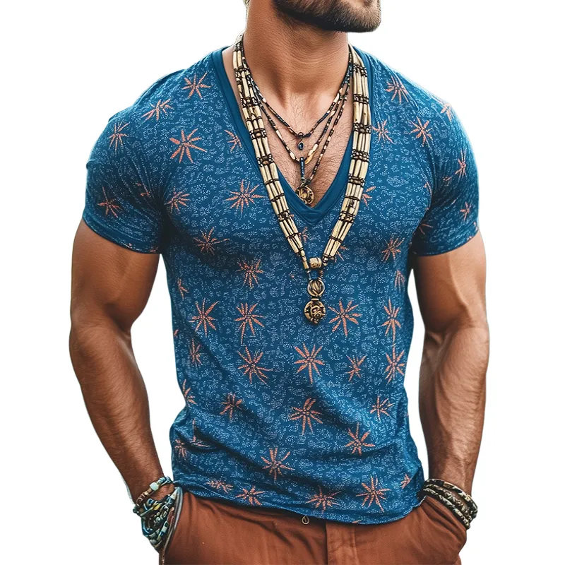 Men's Retro Casual Floral Print V-Neck Short Sleeve T-Shirt 13094079TO sold by Manly