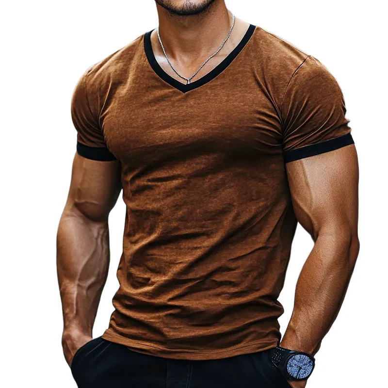 Men's Retro Casual Washed Distressed V-Neck Short Sleeve T-Shirt 20775142TO sold by Manly