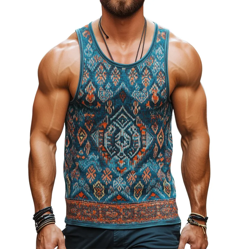 Men's Retro Casual Ethnic Style Geometric Print Round Neck Tank Top 94330869TO sold by Manly