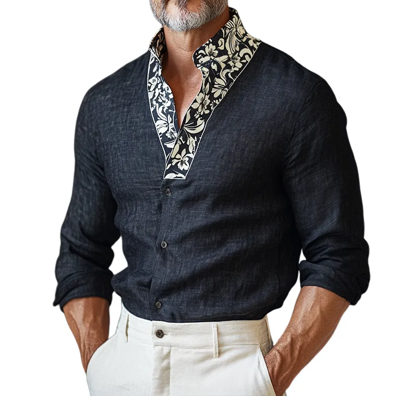 Men's Retro Casual Floral Print Linen Stand Collar Long Sleeve Shirt 86776340TO sold by Manly