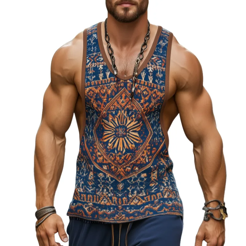 【24-hour shipping out】Men's Retro Casual Ethnic Style Geometric Print Round Neck Tank Top 99953934TO sold by Manly