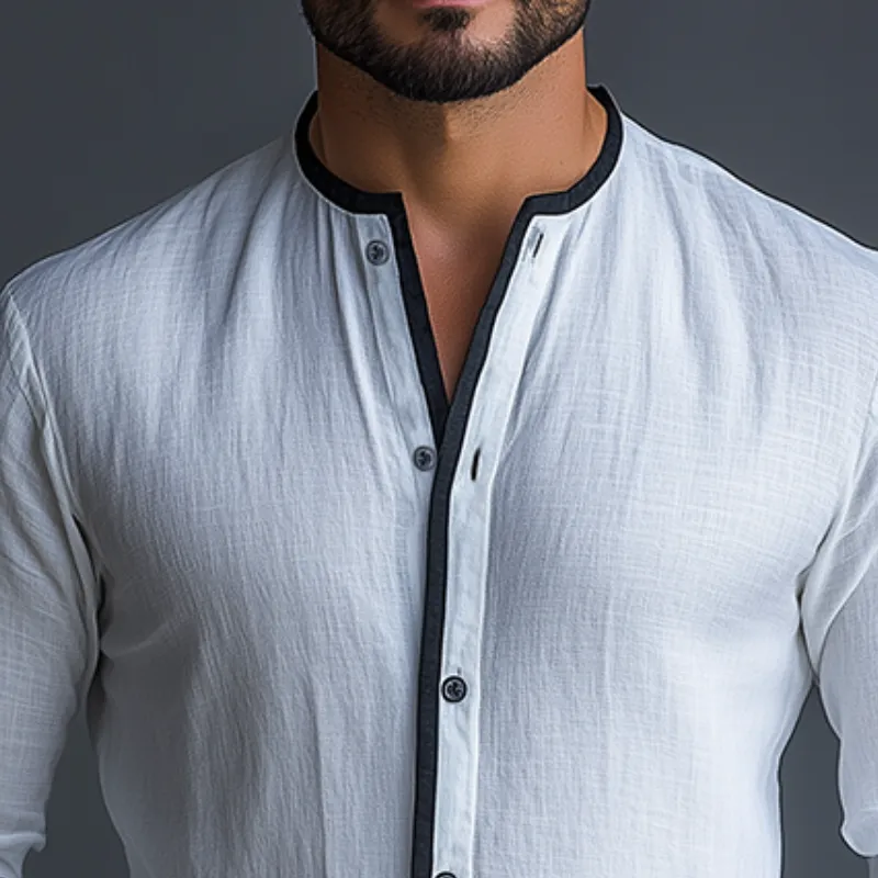 Men's Retro Casual Colorblock Linen Collarless Long Sleeve Shirt 00799770TO sold by Manly product image thumbnail 3