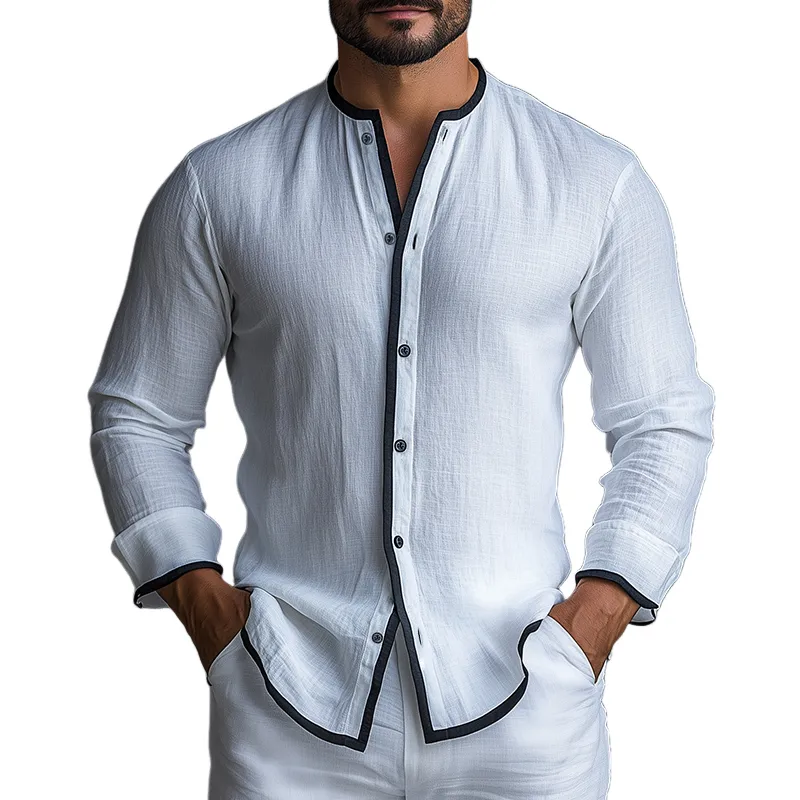 Men's Retro Casual Colorblock Linen Collarless Long Sleeve Shirt 00799770TO sold by Manly