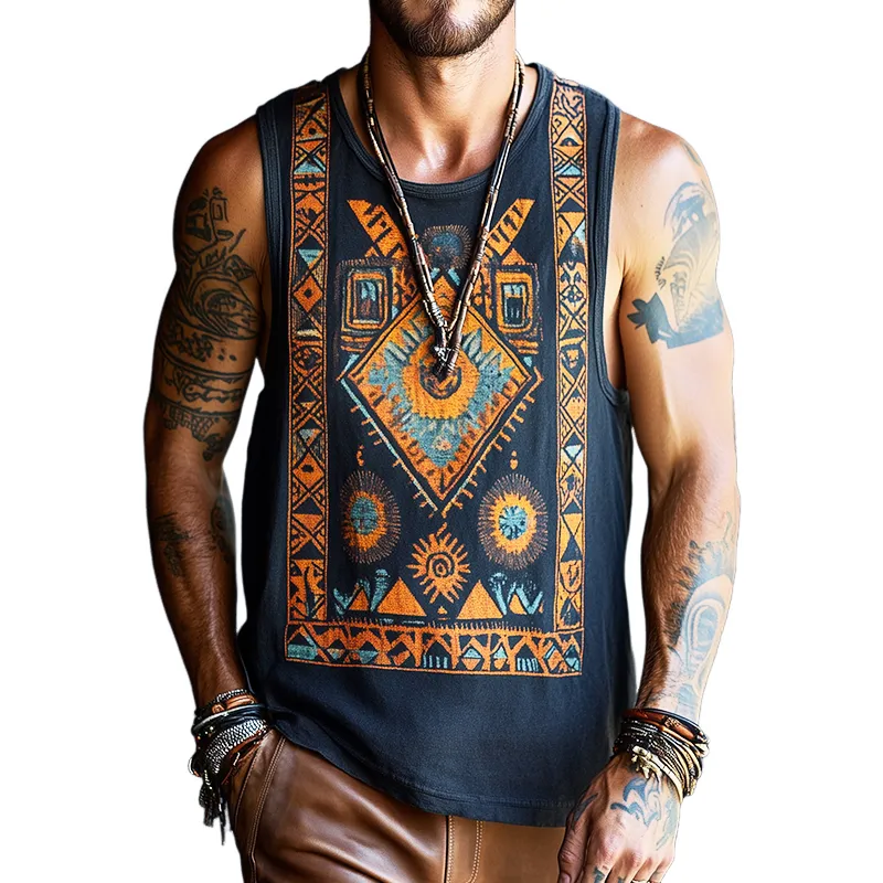 Men's Retro Casual Ethnic Style Geometric Print Round Neck Tank Top 25678966TO sold by Manly