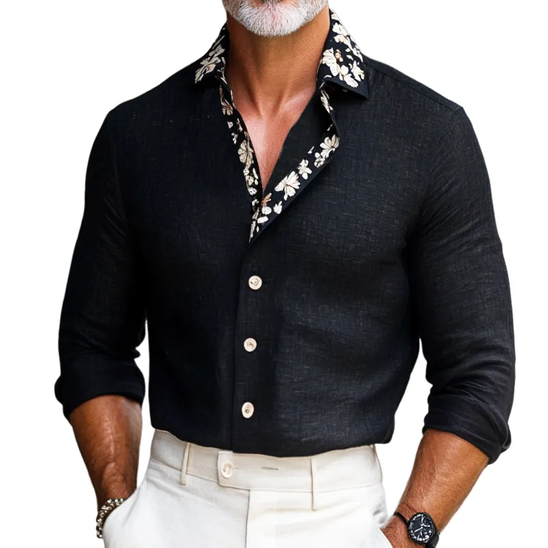 Men's Retro Casual Floral Print Linen Lapel Long Sleeve Shirt 74757059TO sold by Manly