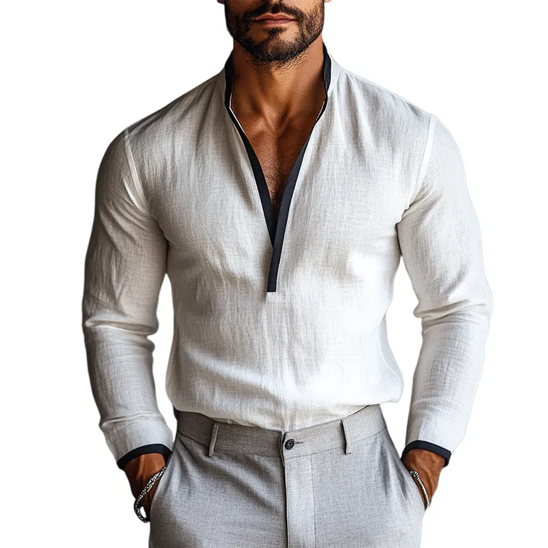 Men's Retro Casual Colorblock Linen Collarless Long Sleeve Shirt 49871400TO sold by Manly