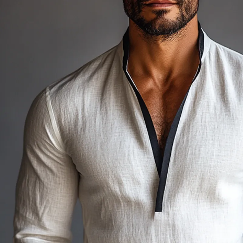 Men's Retro Casual Colorblock Linen Collarless Long Sleeve Shirt 49871400TO sold by Manly product image thumbnail 3