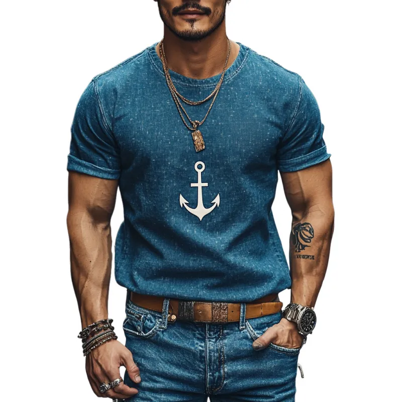 Men's Casual Denim Anchor Print Round Neck Slim Fit Short Sleeve T-shirt 30070881M sold by Manly