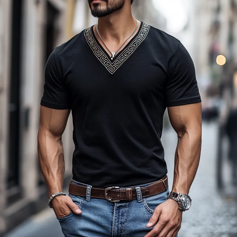 Men's Casual Cotton V-Neck Embroidered Slim Fit Short Sleeve T-Shirt 30891902M sold by Manly product image thumbnail 2