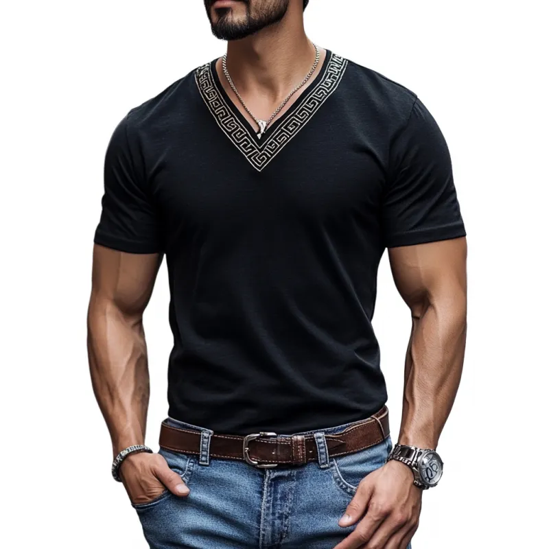 Men's Casual Cotton V-Neck Embroidered Slim Fit Short Sleeve T-Shirt 30891902M sold by Manly