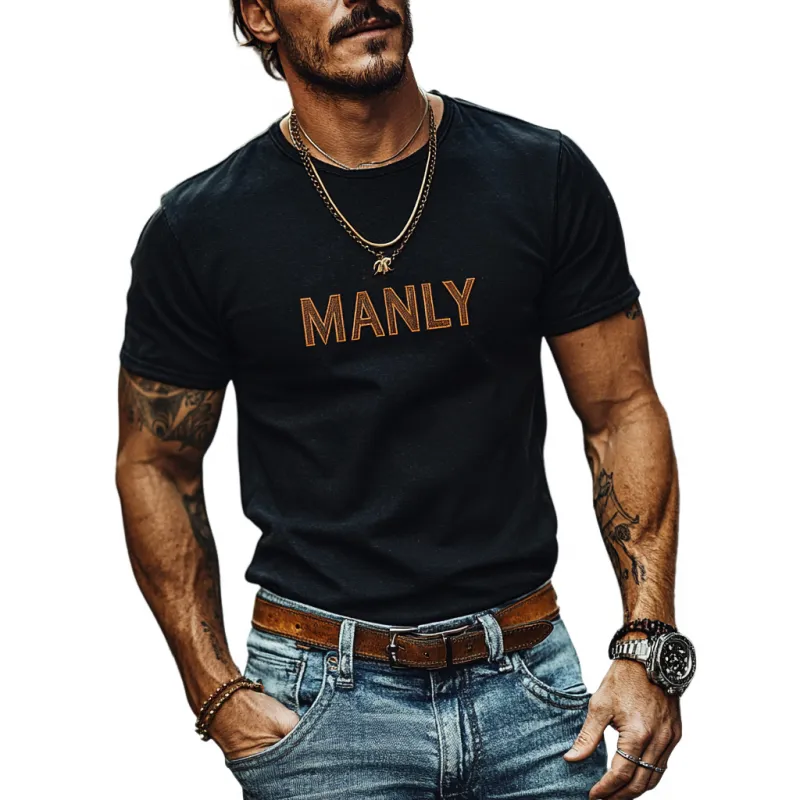 Men's Casual Cotton Letter Embroidery Round Neck Slim Short Sleeve T-Shirt 94456712M sold by Manly