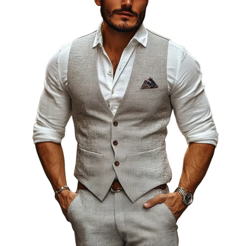 Men's Casual Linen V-neck Single-breasted Slim Suit Vest 24342810M sold by Manly