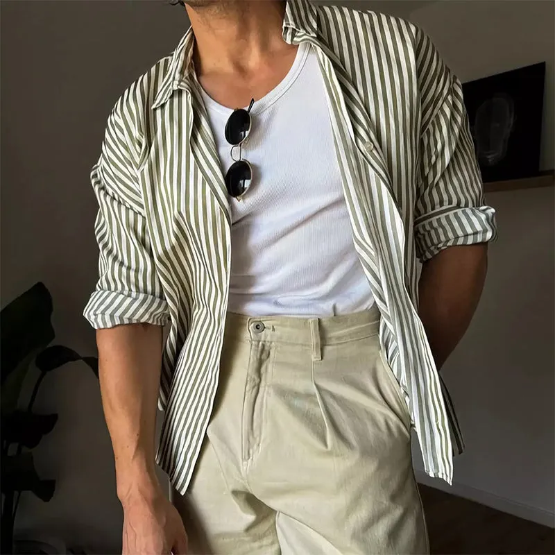Men's Classic Casual Green Vertical Striped Long Sleeve Shirt 11300028U sold by Manly product image thumbnail 2