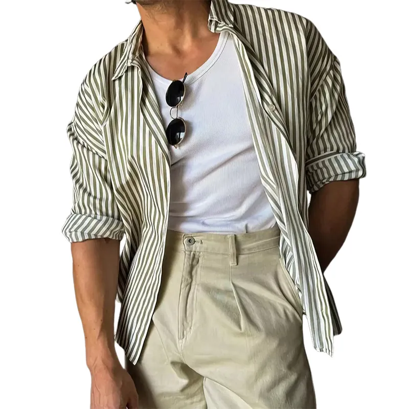 Men's Classic Casual Green Vertical Striped Long Sleeve Shirt 11300028U sold by Manly