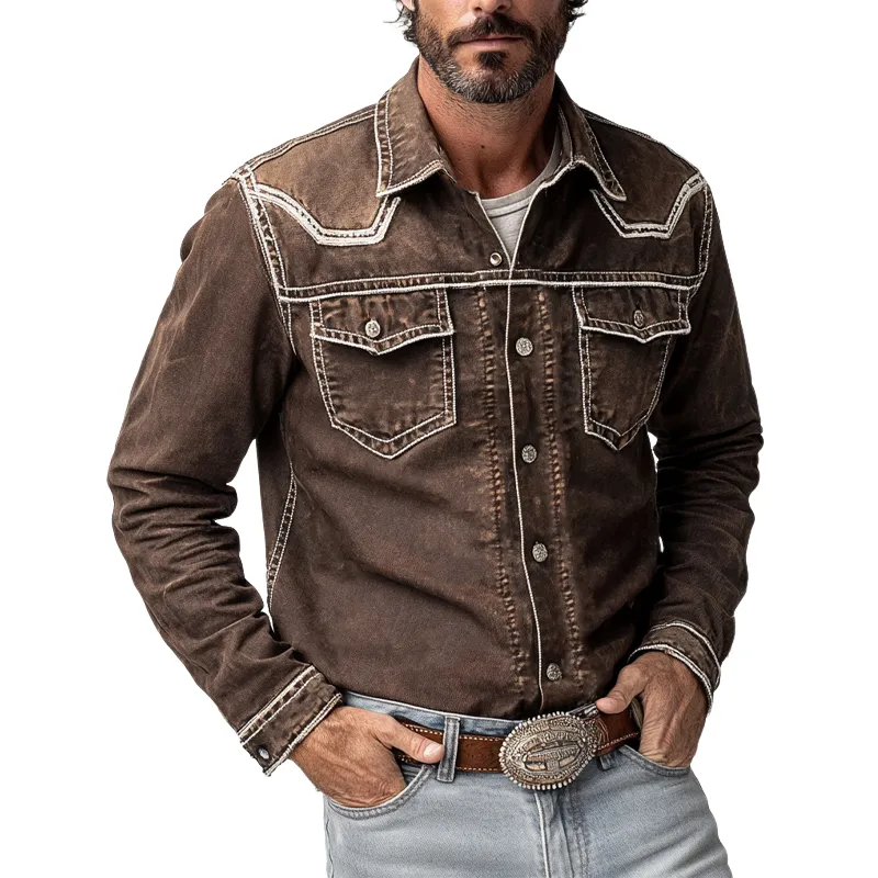 Men's Vintage Coffee Washed Denim Long-sleeved Shirt 48590320U sold by Manly