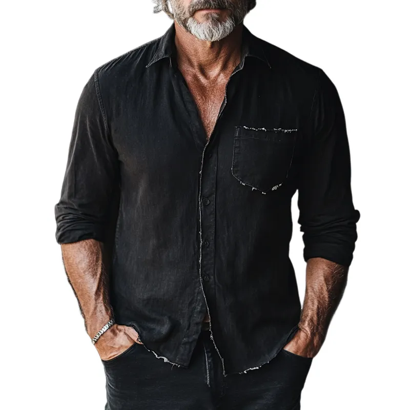 Men's Vintage Black Denim Distressed Long Sleeve Shirt 94170379U sold by Manly