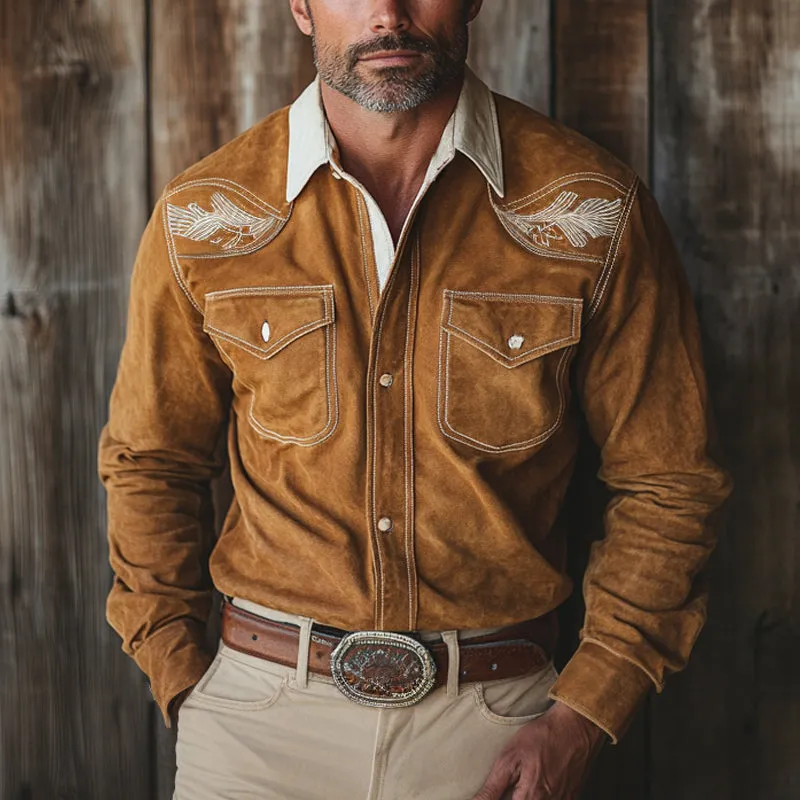 Men's Vintage Khaki Western Cowboy Suede Embroidered Long Sleeve Shirt 08429255U sold by Manly product image thumbnail 3