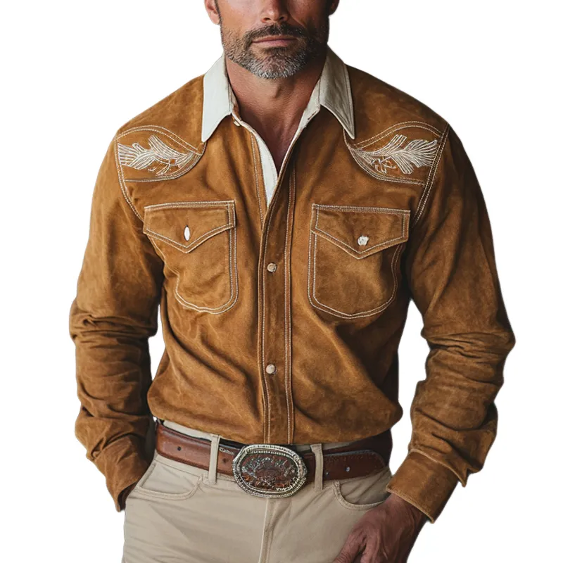 Men's Vintage Khaki Western Cowboy Suede Embroidered Long Sleeve Shirt 08429255U sold by Manly