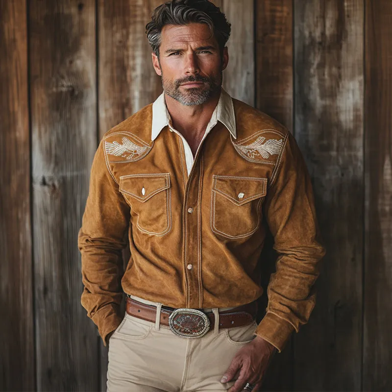 Men's Vintage Khaki Western Cowboy Suede Embroidered Long Sleeve Shirt 08429255U sold by Manly product image thumbnail 2