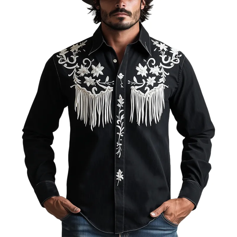 Men's Vintage Black Embroidered Tassel Long Sleeve Shirt 63777579U sold by Manly